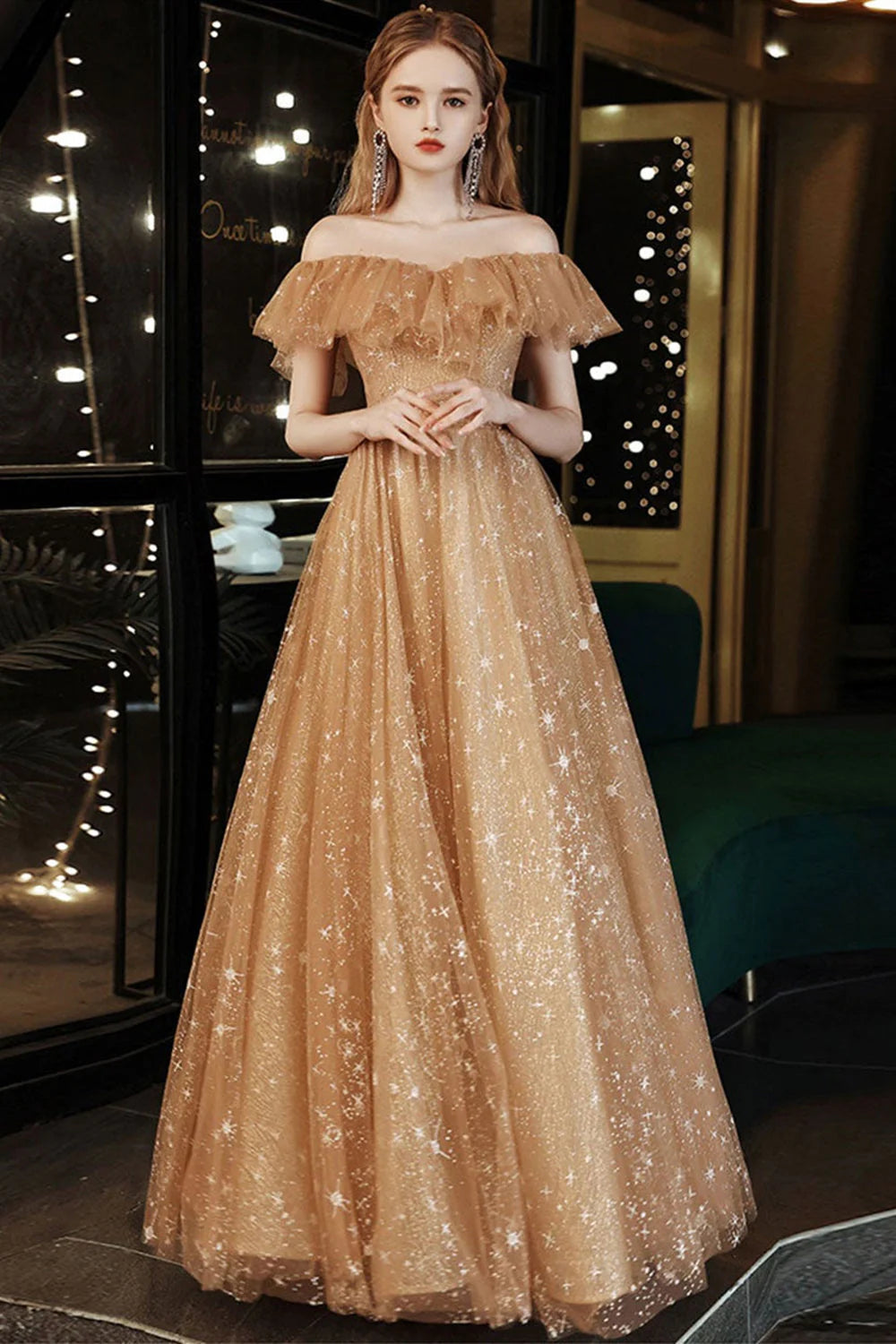 Noble and sexy off the shoulder A-line exquisite sheer sequin dance dress