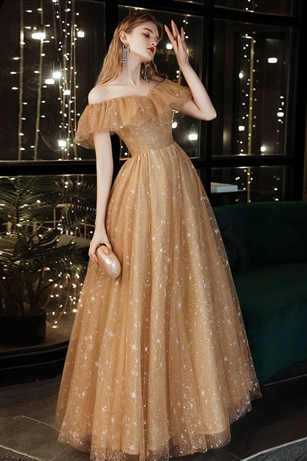 Noble and sexy off the shoulder A-line exquisite sheer sequin dance dress