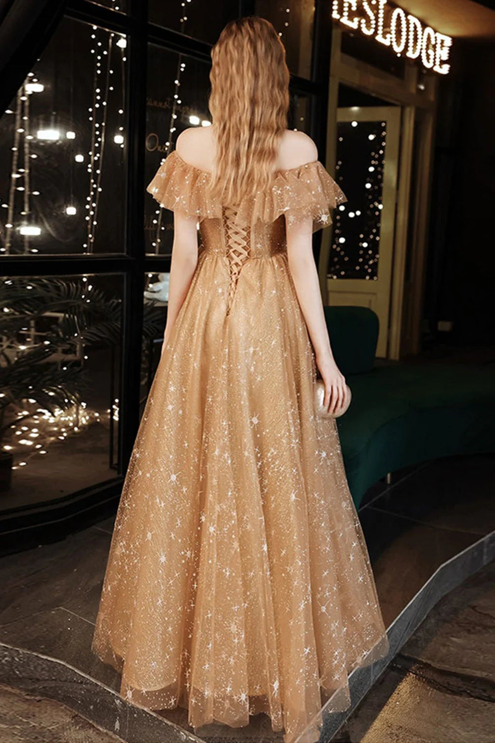 Noble and sexy off the shoulder A-line exquisite sheer sequin dance dress