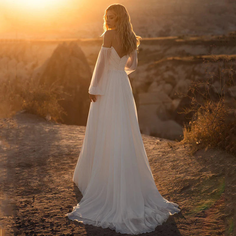 Sexy Off Shoulder Long Sleeves Chiffon Off Back Elegant Beach Wedding Dress