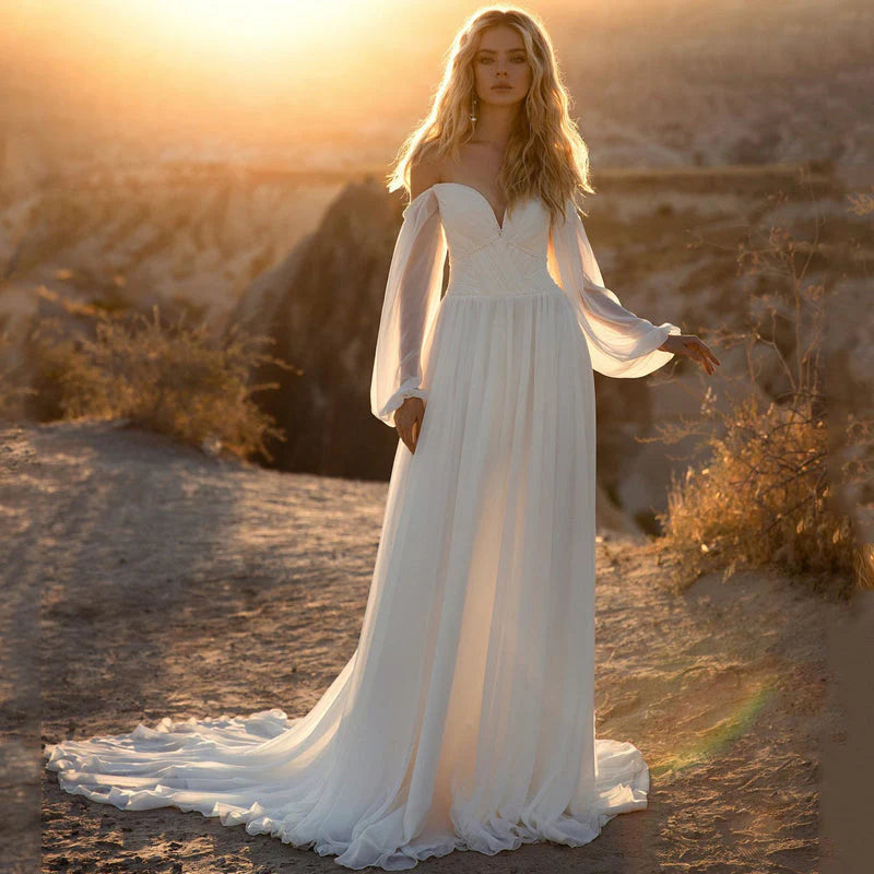Sexy Off Shoulder Long Sleeves Chiffon Off Back Elegant Beach Wedding Dress