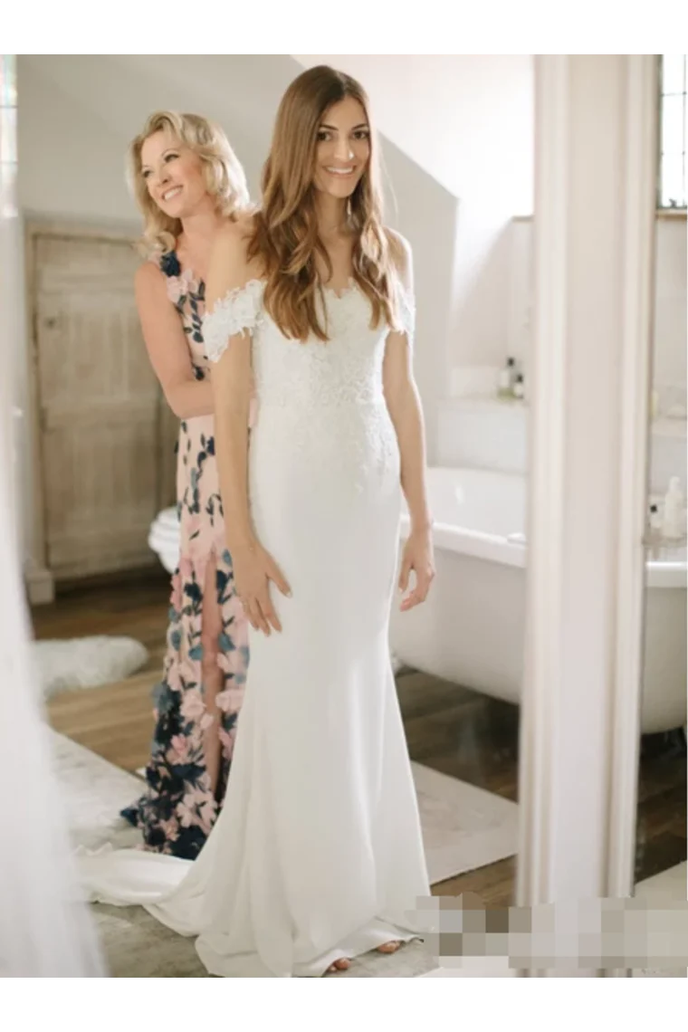 Off the shoulder sweetheart lace mermaid wedding dress with church style skirt