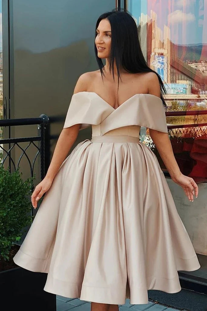 Off shoulder satin V-neck formal homecoming graduation dress cocktail party dress