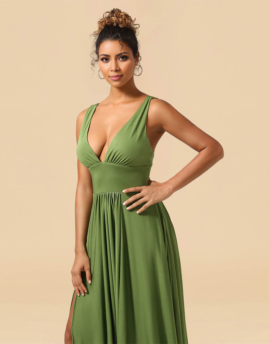 A-Line Deep V-neck Floor Length Spandex Bridesmaid Dress