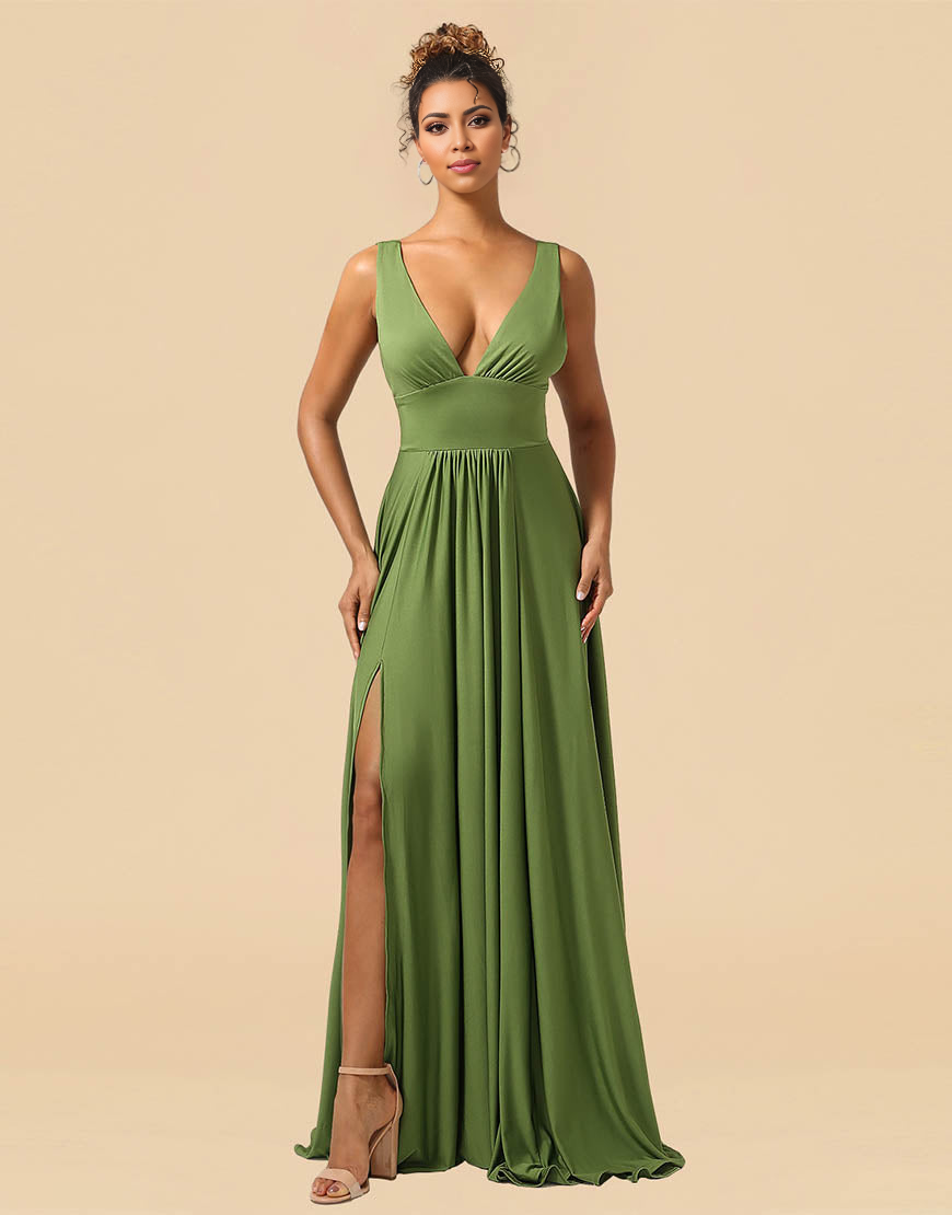 A-Line Deep V-neck Floor Length Spandex Bridesmaid Dress