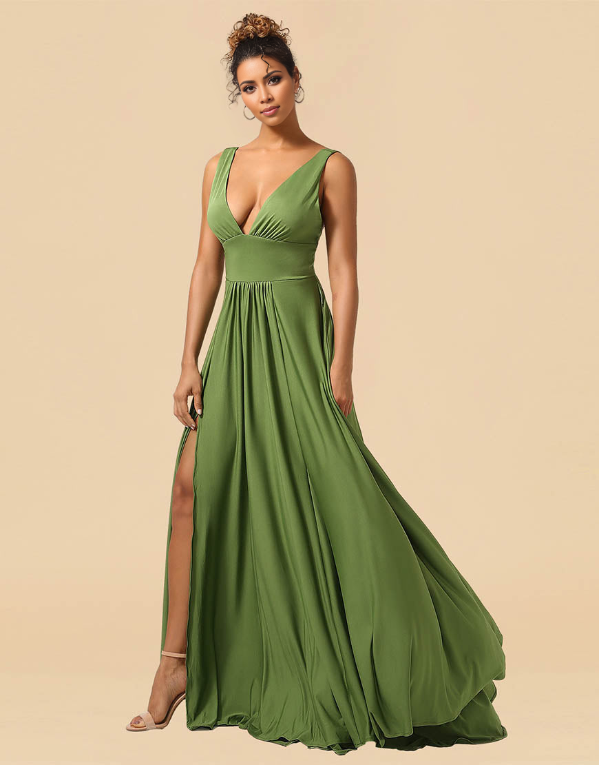 A-Line Deep V-neck Floor Length Spandex Bridesmaid Dress