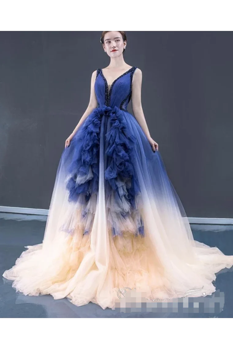Advanced gradient A-line dance dress with pleated V-neck and long formal style