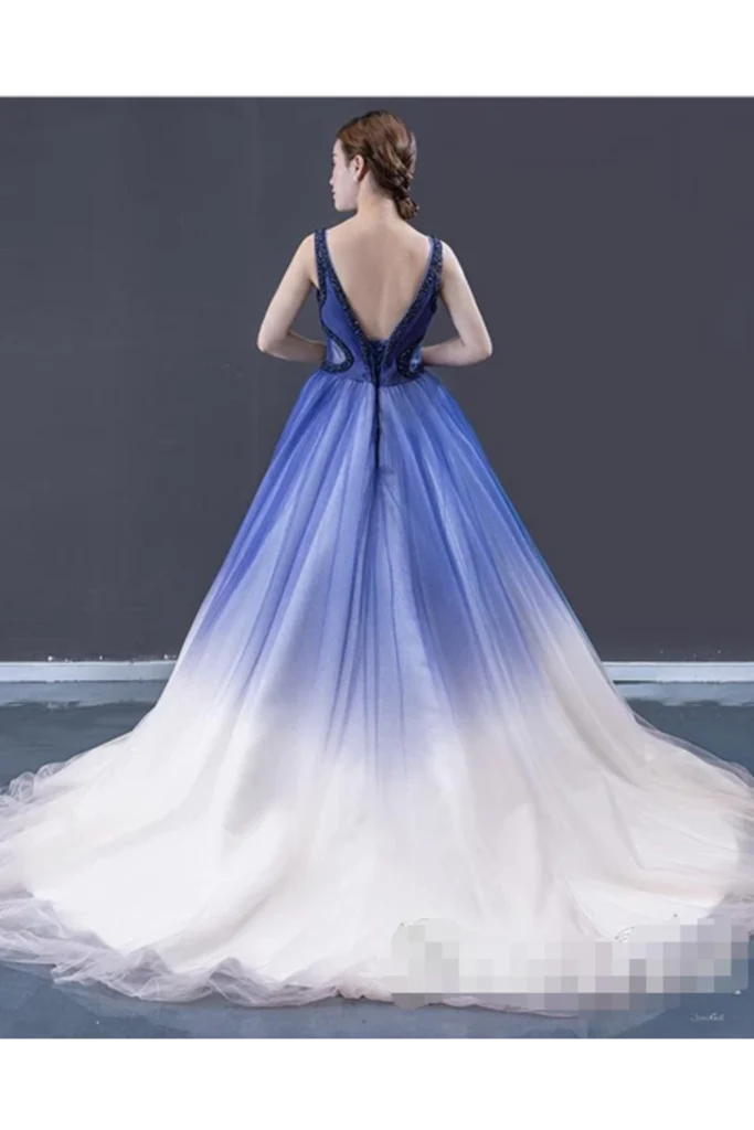 Advanced gradient A-line dance dress with pleated V-neck and long formal style