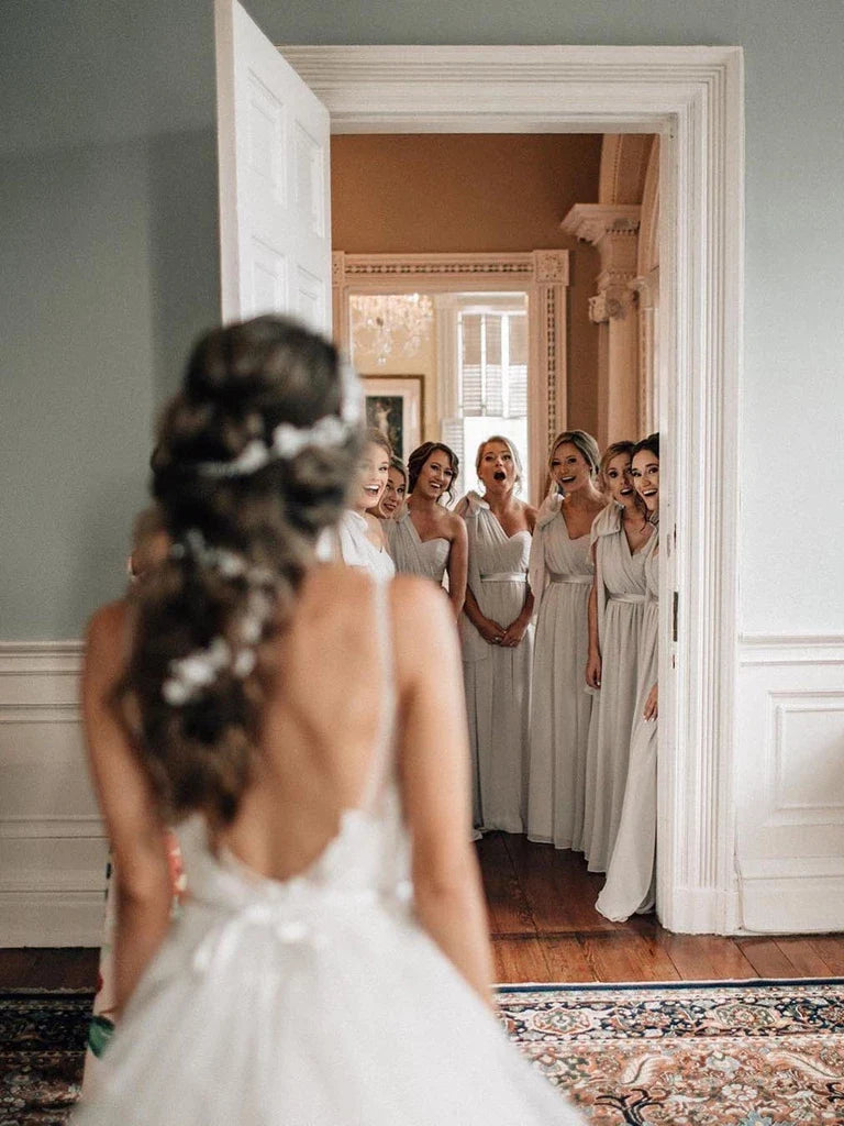 Elegant one shoulder A-line chiffon floor long dress paired with light gray camisole bridesmaid dress