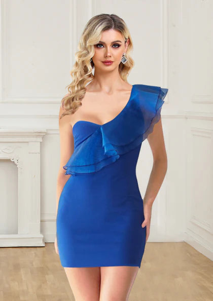 Elegant and Sexy Ruffle Edge One Shoulder Back to School Party Cocktail Dress