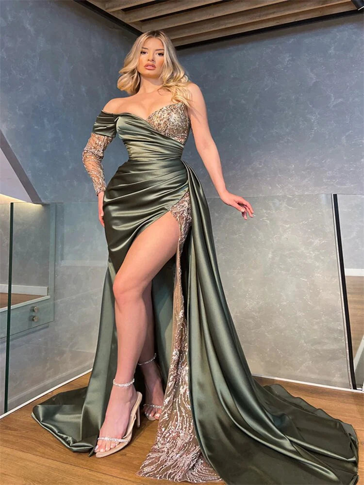 Sexy One Shoulder Satin A-line Sequins and Sleeves Ball Evening Dress