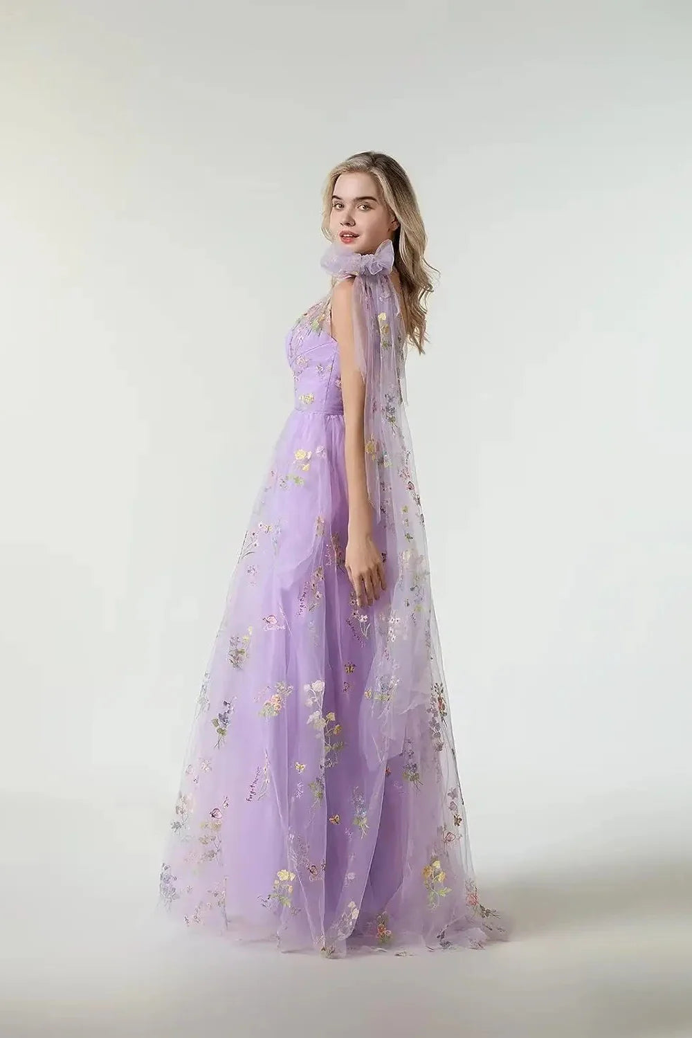 One-Shoulder Lavender Floral Embroidered Tulle Evening Dresses with Detachable Cape and Floor-Length Skirt