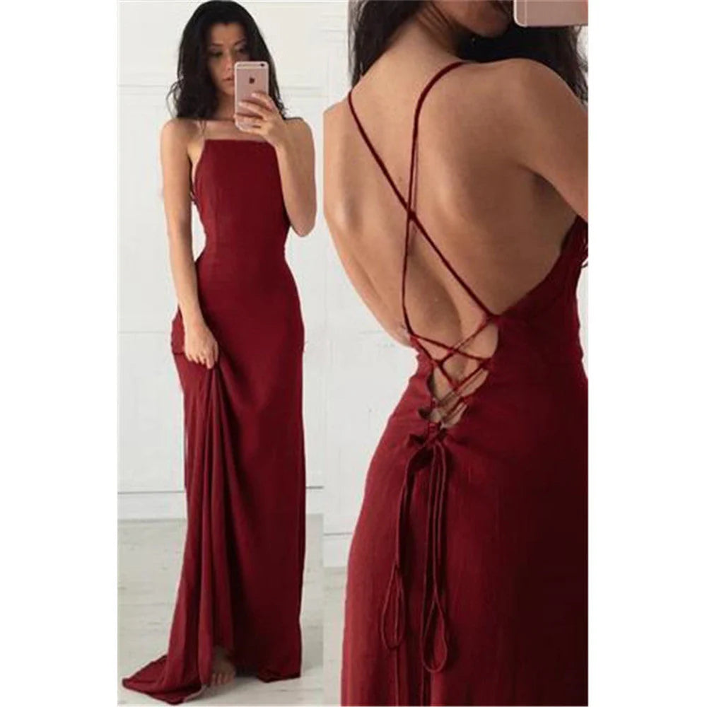 Off Back Chiffon Italian Noodle Strap Cross Strap Spandex Mermaid Long Ball Dress