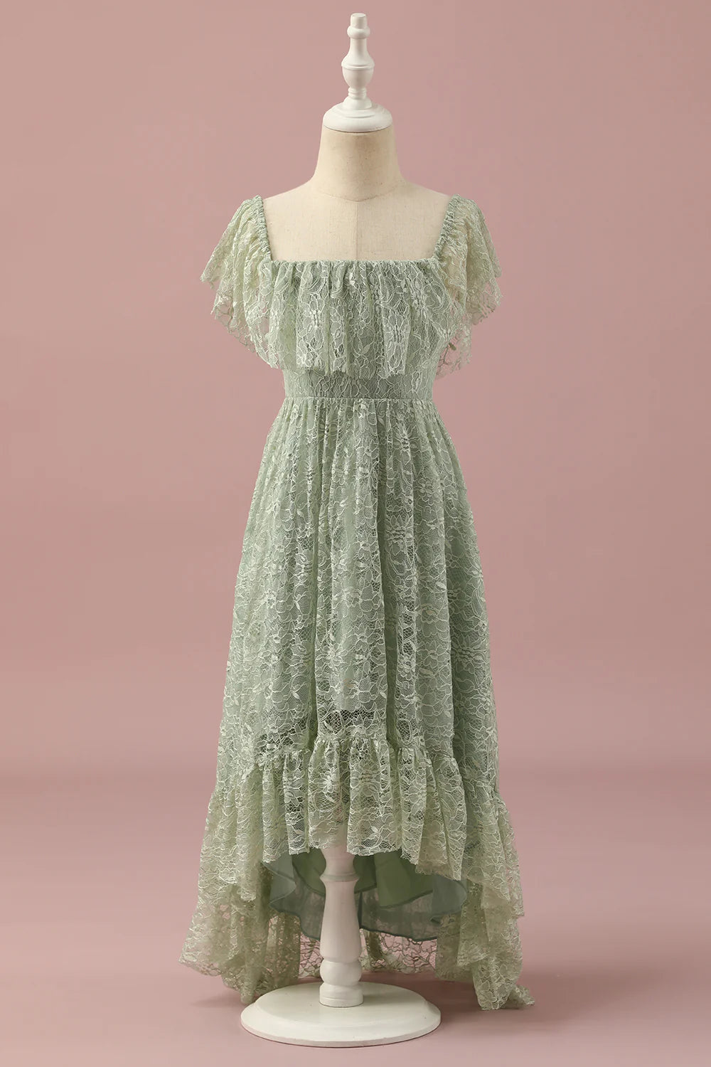 Green elegant lace square neck low cut teenage bridesmaid dress