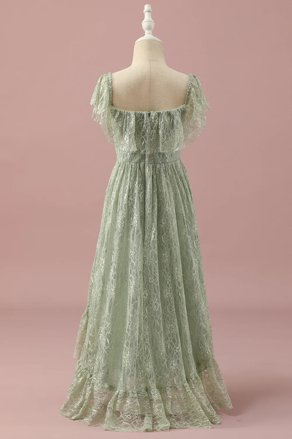 Green elegant lace square neck low cut teenage bridesmaid dress