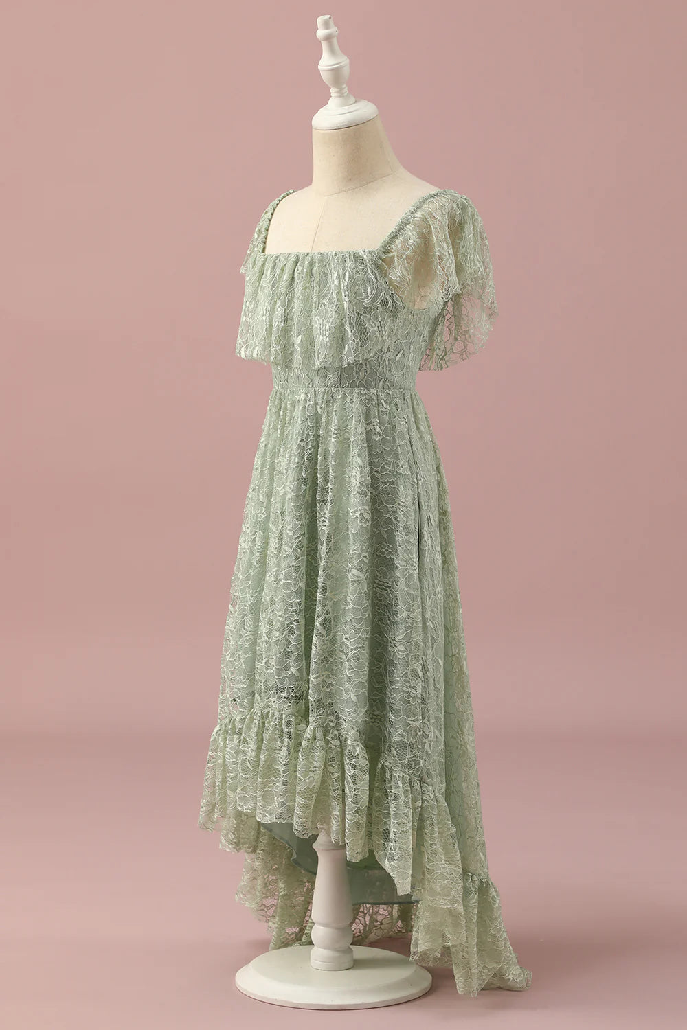 Green elegant lace square neck low cut teenage bridesmaid dress