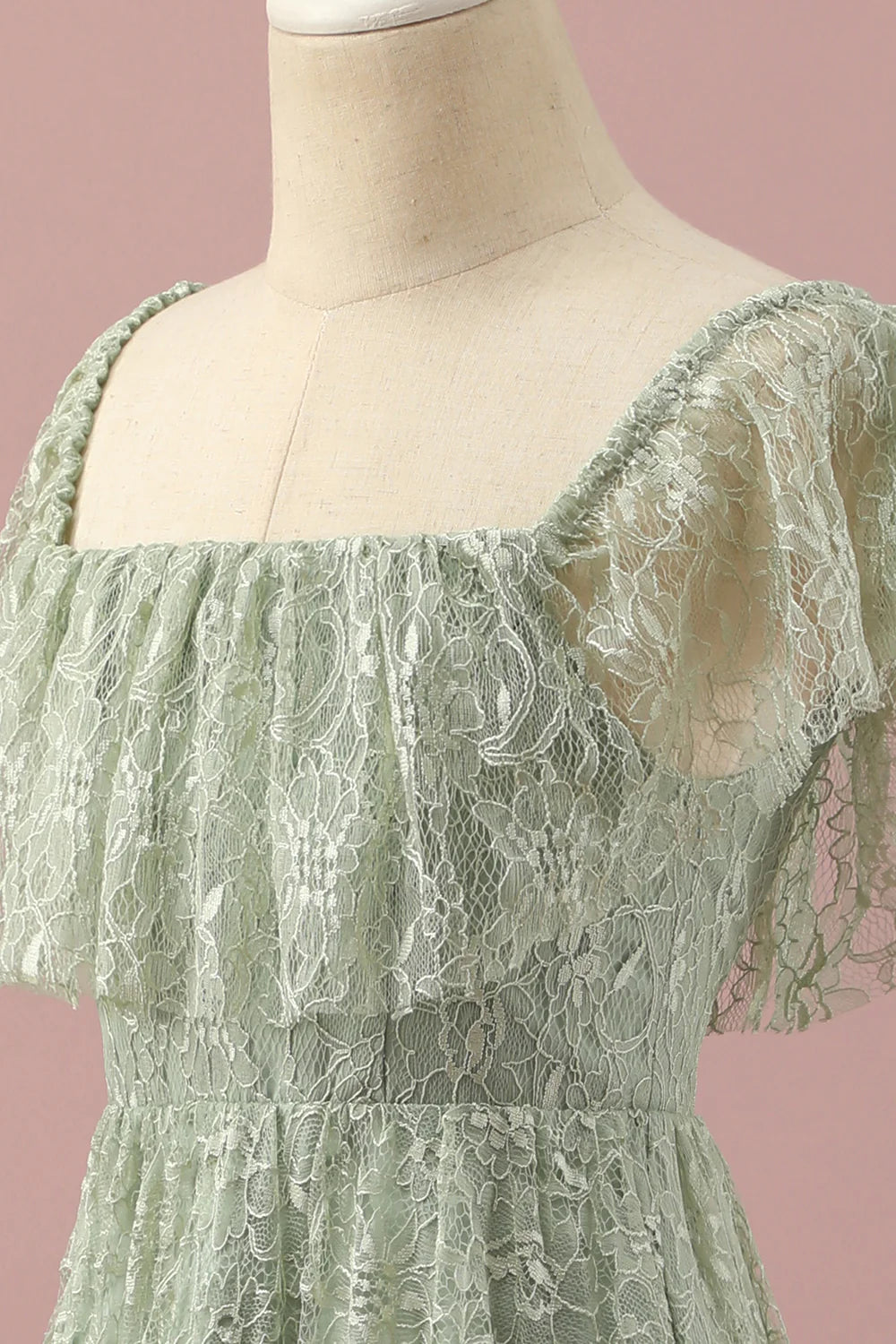 Green elegant lace square neck low cut teenage bridesmaid dress
