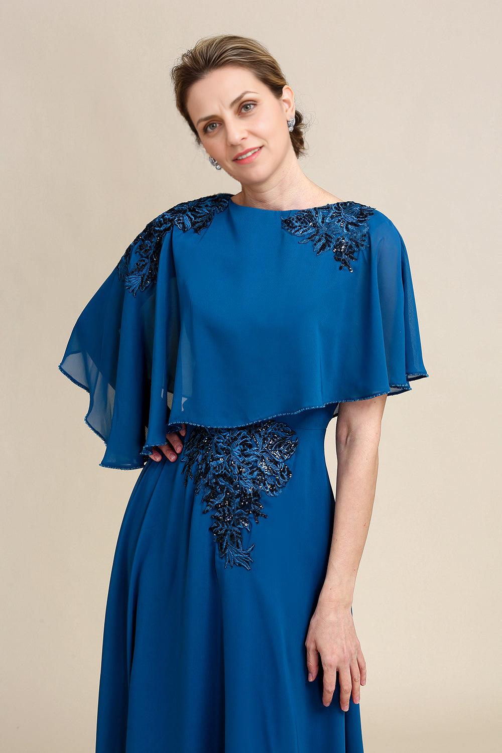 A Line Round Neck Long Mother of Bride Dress with Appliques