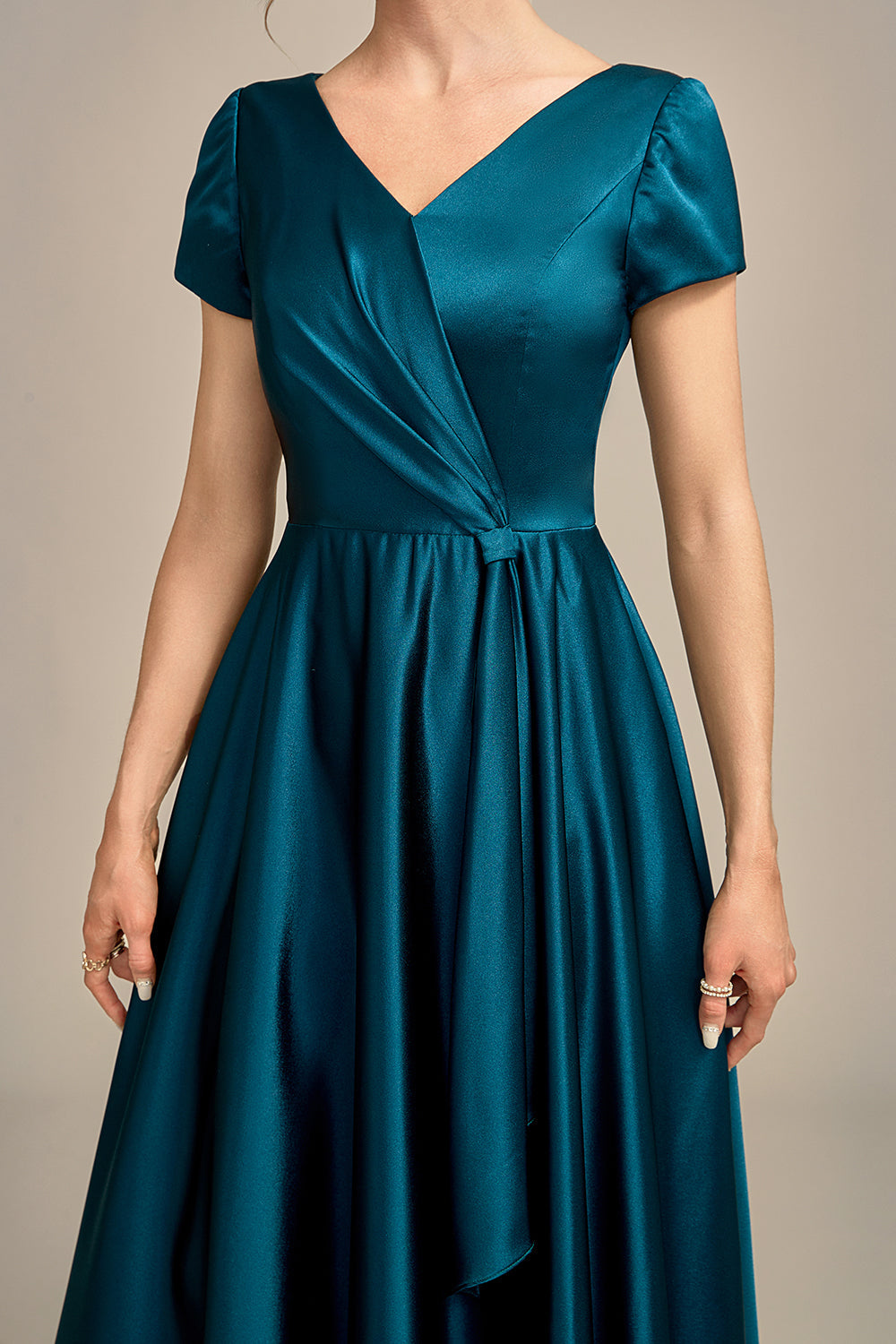Green V-Neck A-Line Pleated Satin Mother of the Bride Dress