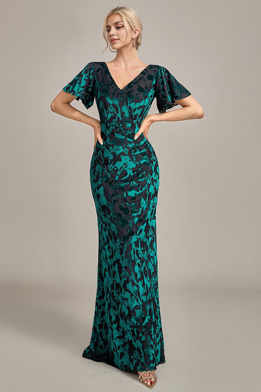 A-Line V Neck Velvet Mother of the Bride Dress With Short Sleeves