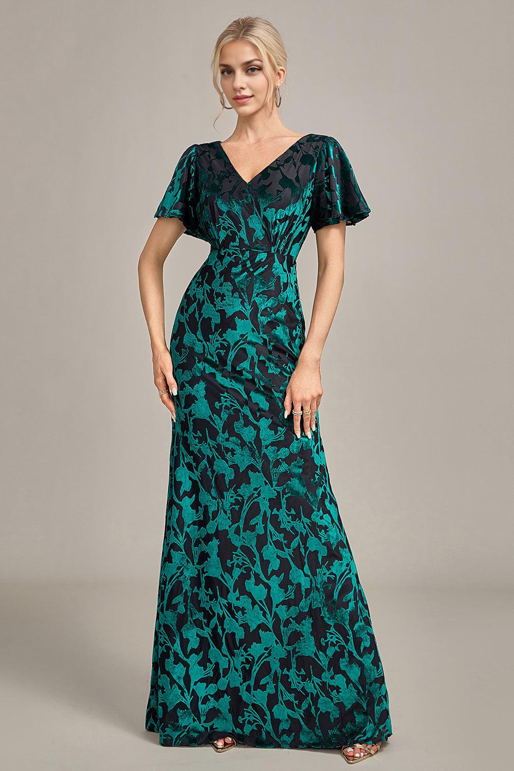 A-Line V Neck Velvet Mother of the Bride Dress With Short Sleeves