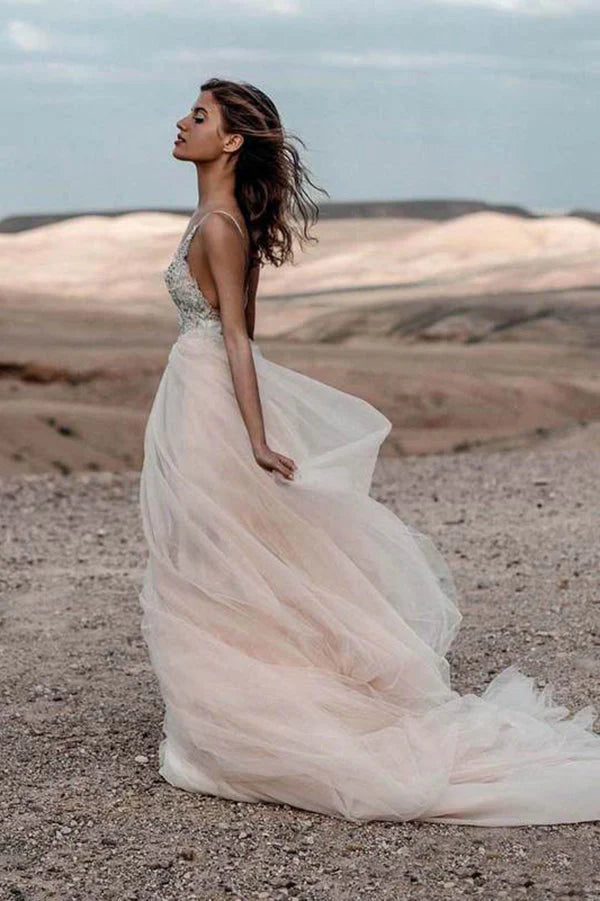 Pink pearl V-neck sexy sheer long sleeveless beach wedding dress ball dress