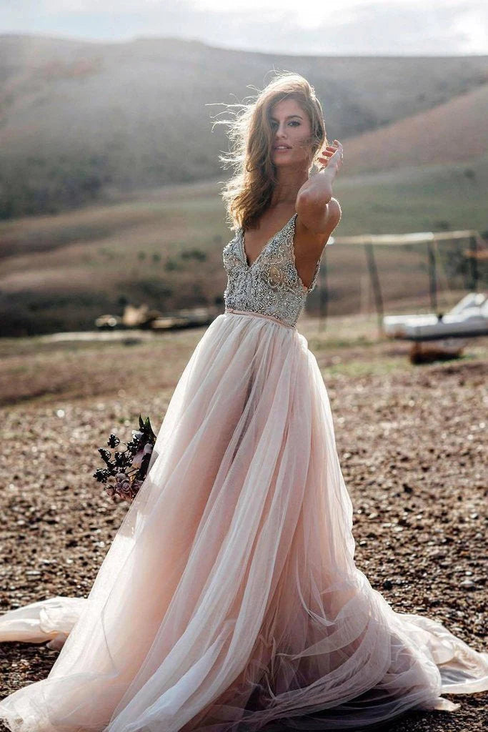 Pink pearl V-neck sexy sheer long sleeveless beach wedding dress ball dress