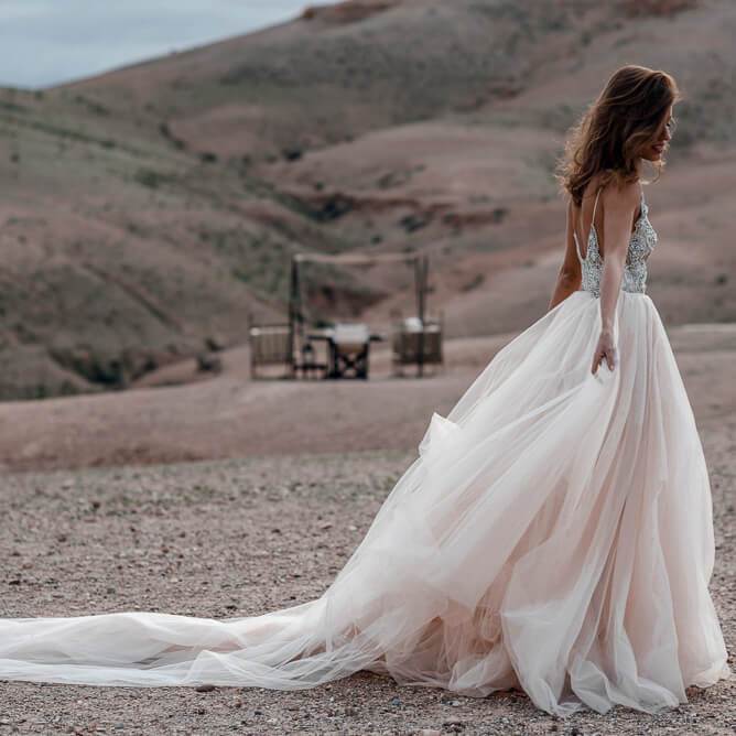 Pink pearl V-neck sexy sheer long sleeveless beach wedding dress ball dress