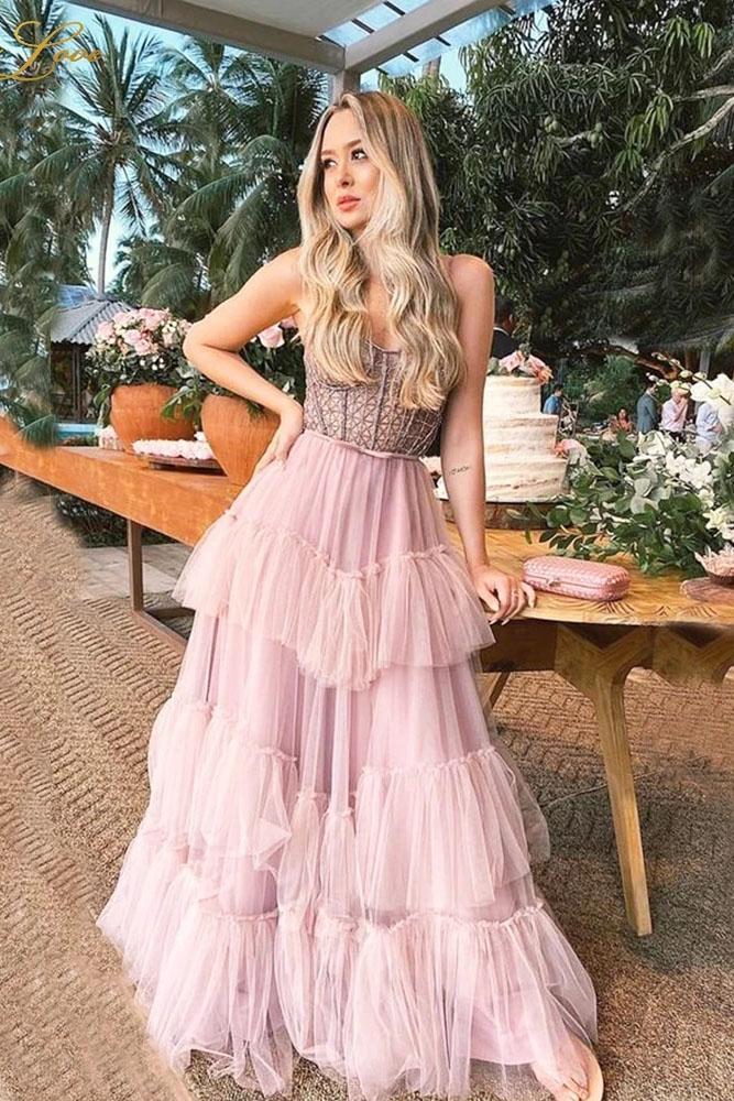 Pink layered ball long A-line beaded layered strapless sheer evening dress