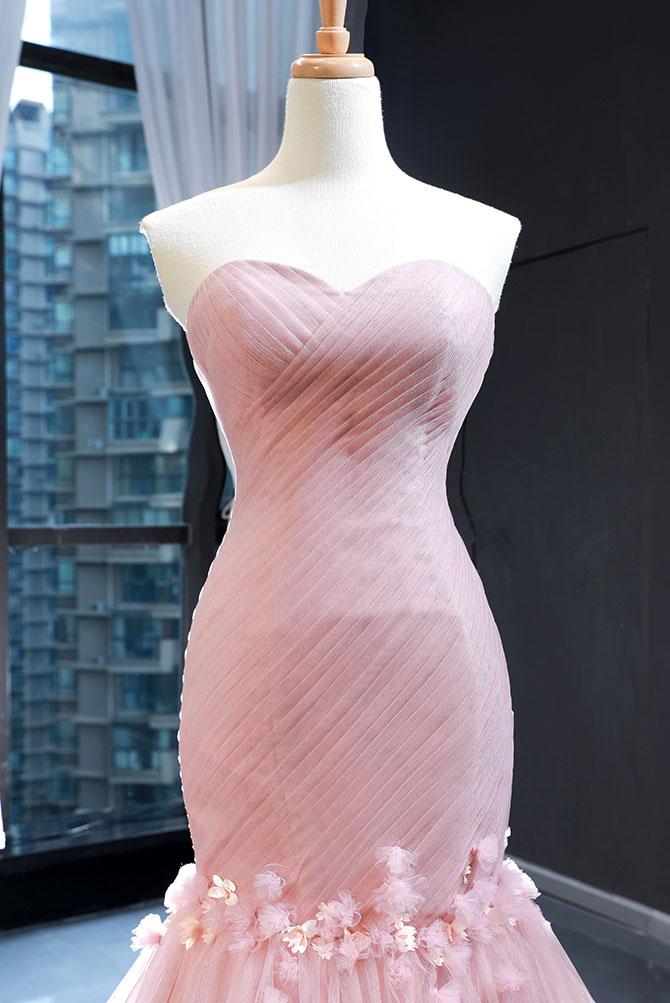 Pink sheer sexy strapless mermaid long dress sweet ball dress
