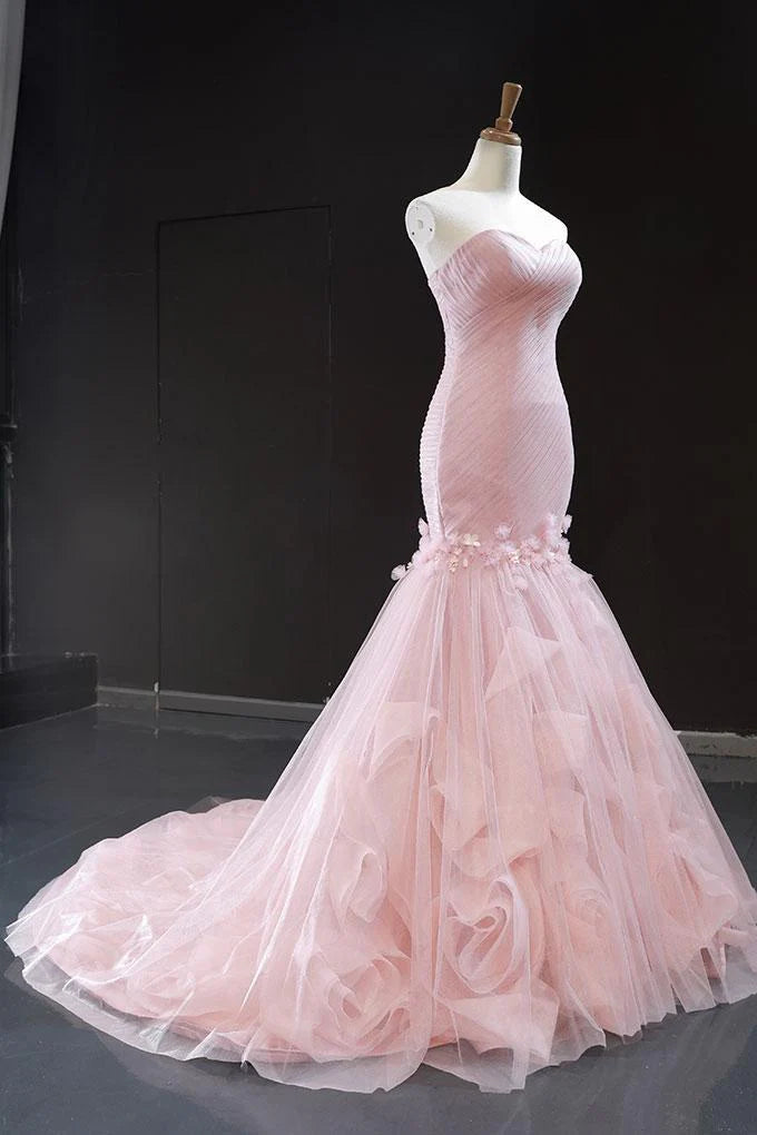 Pink sheer sexy strapless mermaid long dress sweet ball dress