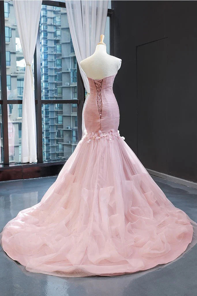 Pink sheer sexy strapless mermaid long dress sweet ball dress