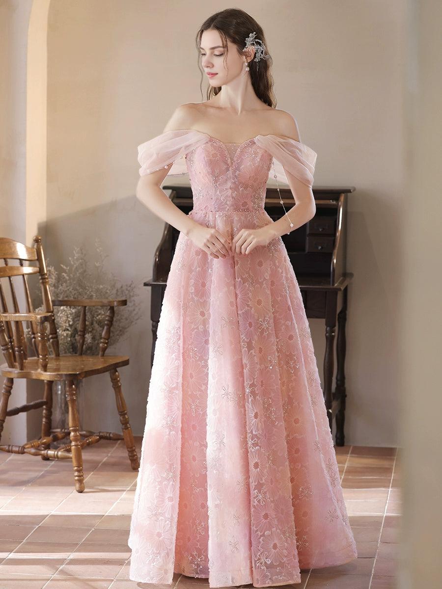 A-Line Tulle Lace Off Shoulder Pink Long Prom Dress Pink Lace Long Prom Dress