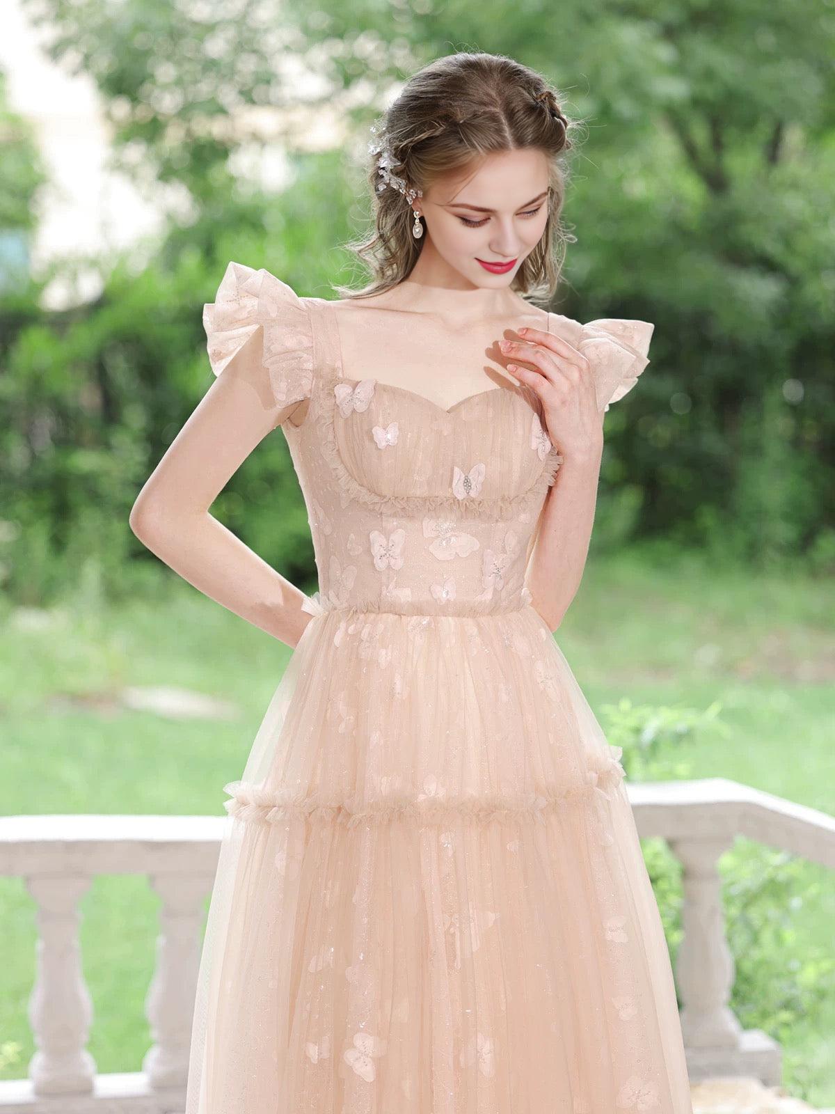 A-Line Tulle Lace Tea Length Pink Prom Dress Pink Long Prom Dress