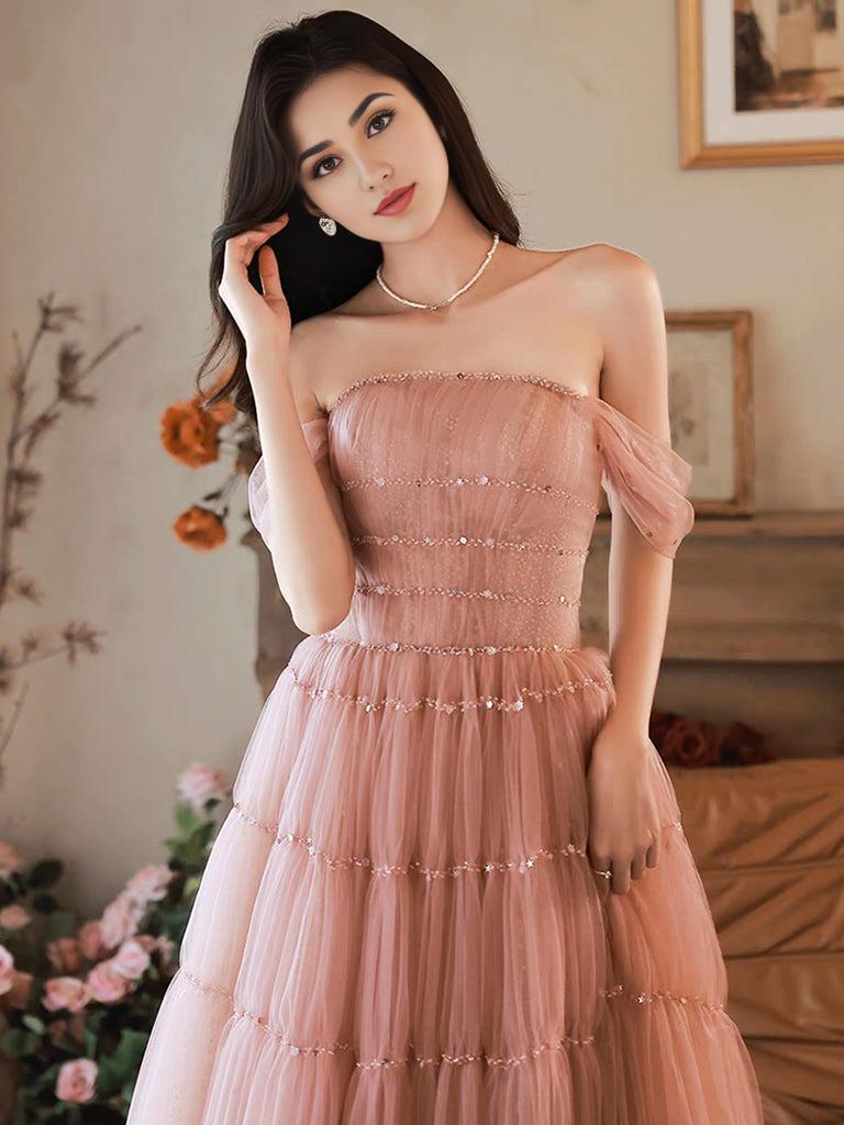 A-Line Pink Off Shoulder Long Prom Dress Pink Long Formal Dress