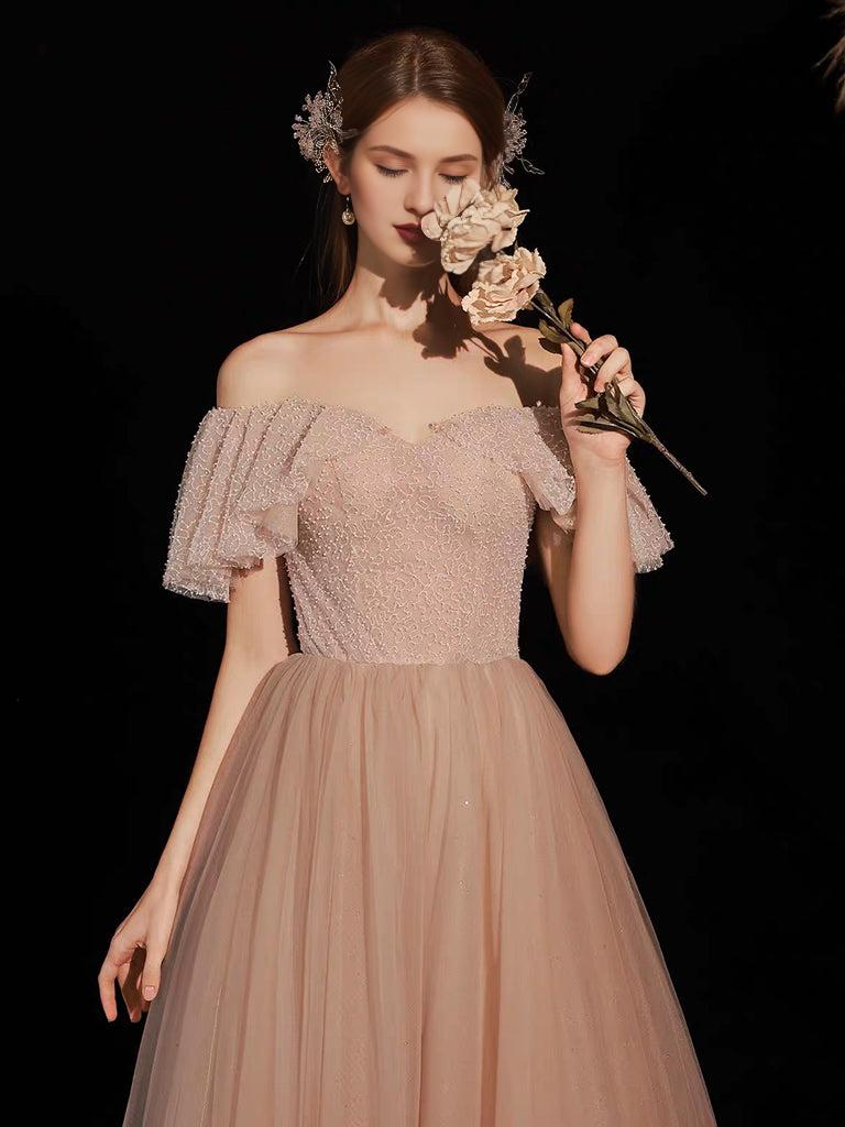 A-Line Sweetheart Neck Tulle Pink Long Prom Dress Pink Tulle Long Prom Dress