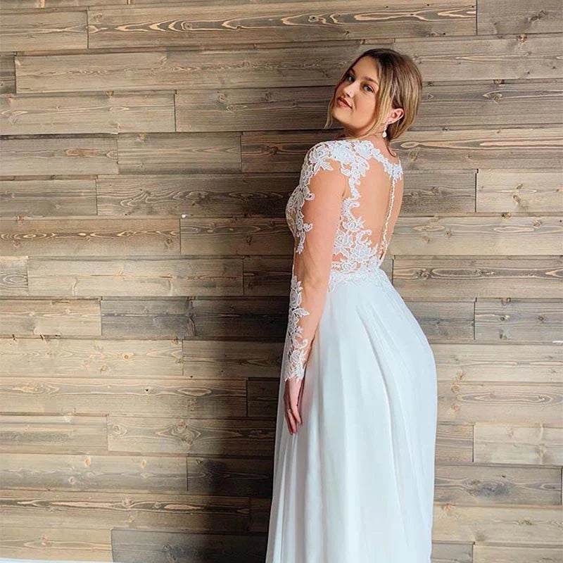 Large A-line long sleeved elegant chiffon V-neck decal wedding dress with belt