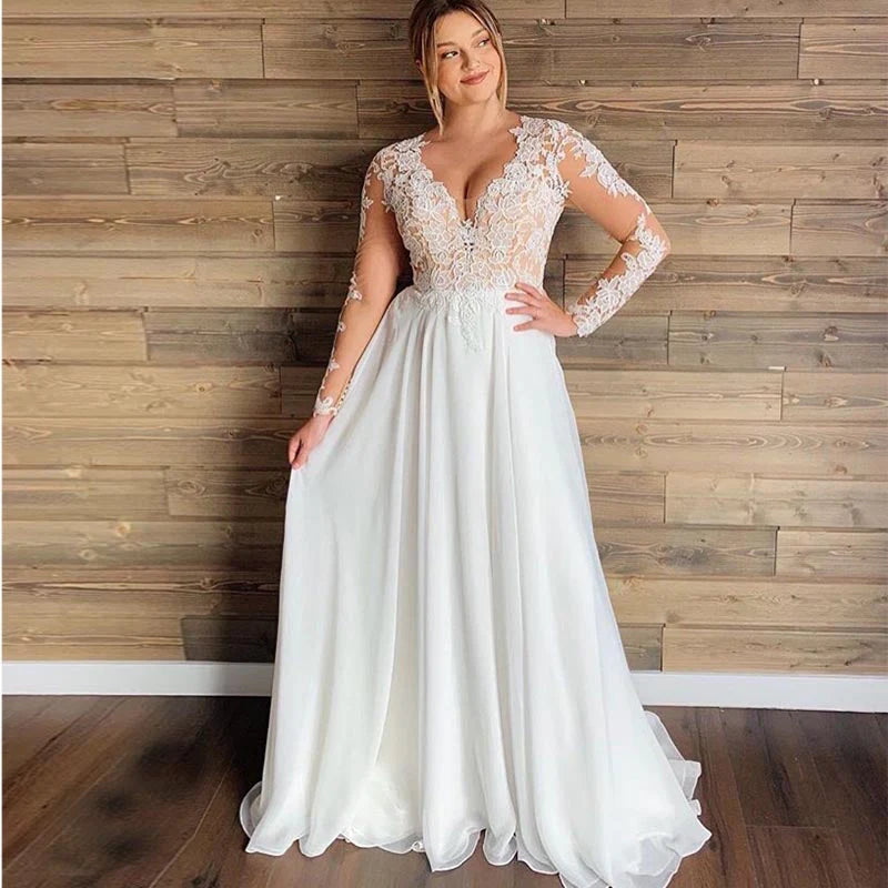 Large A-line long sleeved elegant chiffon V-neck decal wedding dress with belt