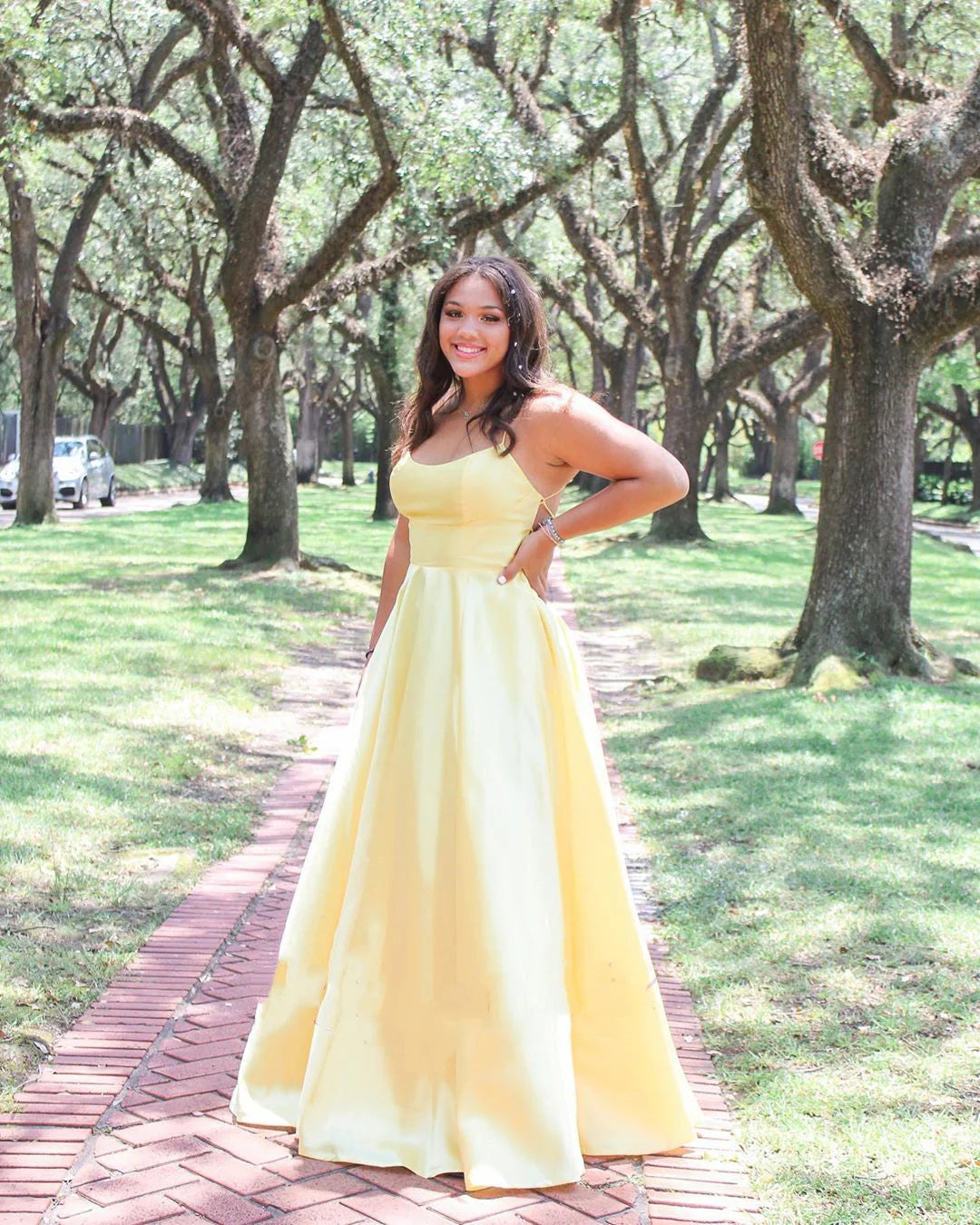 Plus size elegant A-line satin spaghetti strap up dress