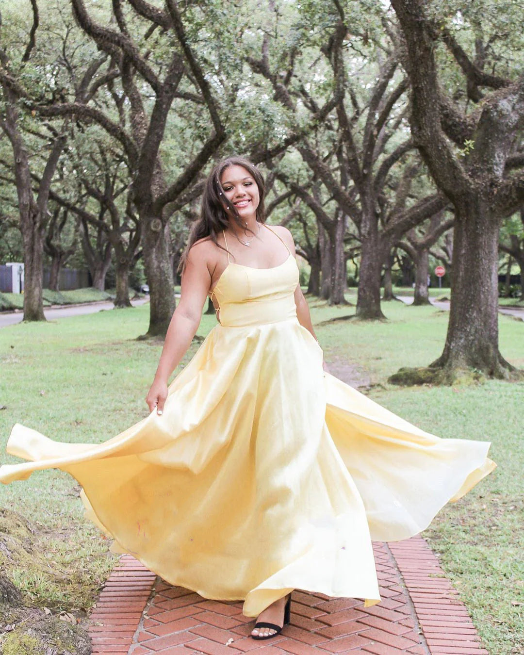Plus size elegant A-line satin spaghetti strap up dress