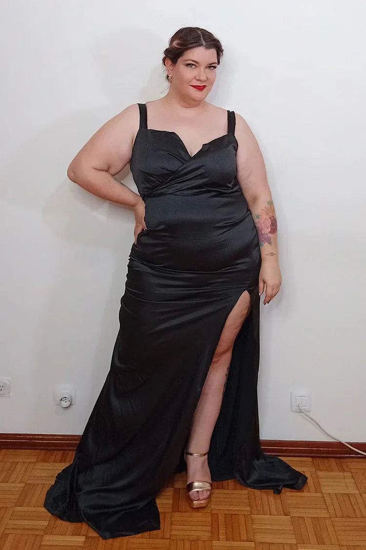 Plus Size Elegant Black Sheath Slim Fit Satin Split Ball Dress