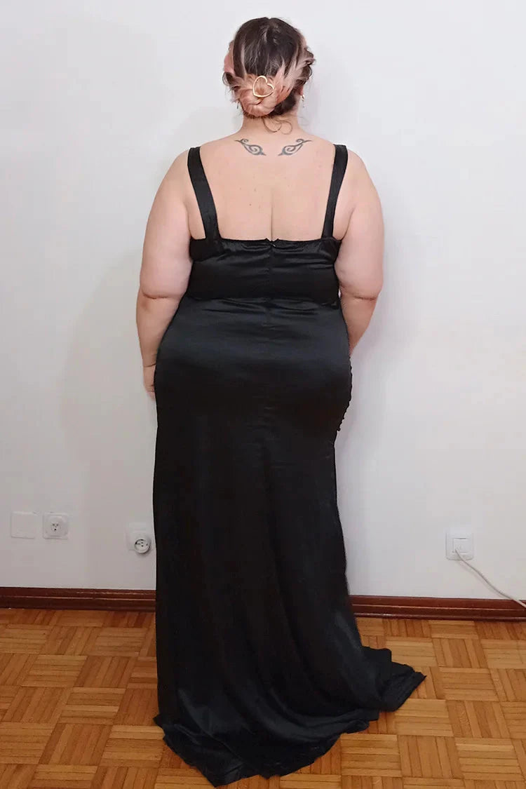 Plus Size Elegant Black Sheath Slim Fit Satin Split Ball Dress