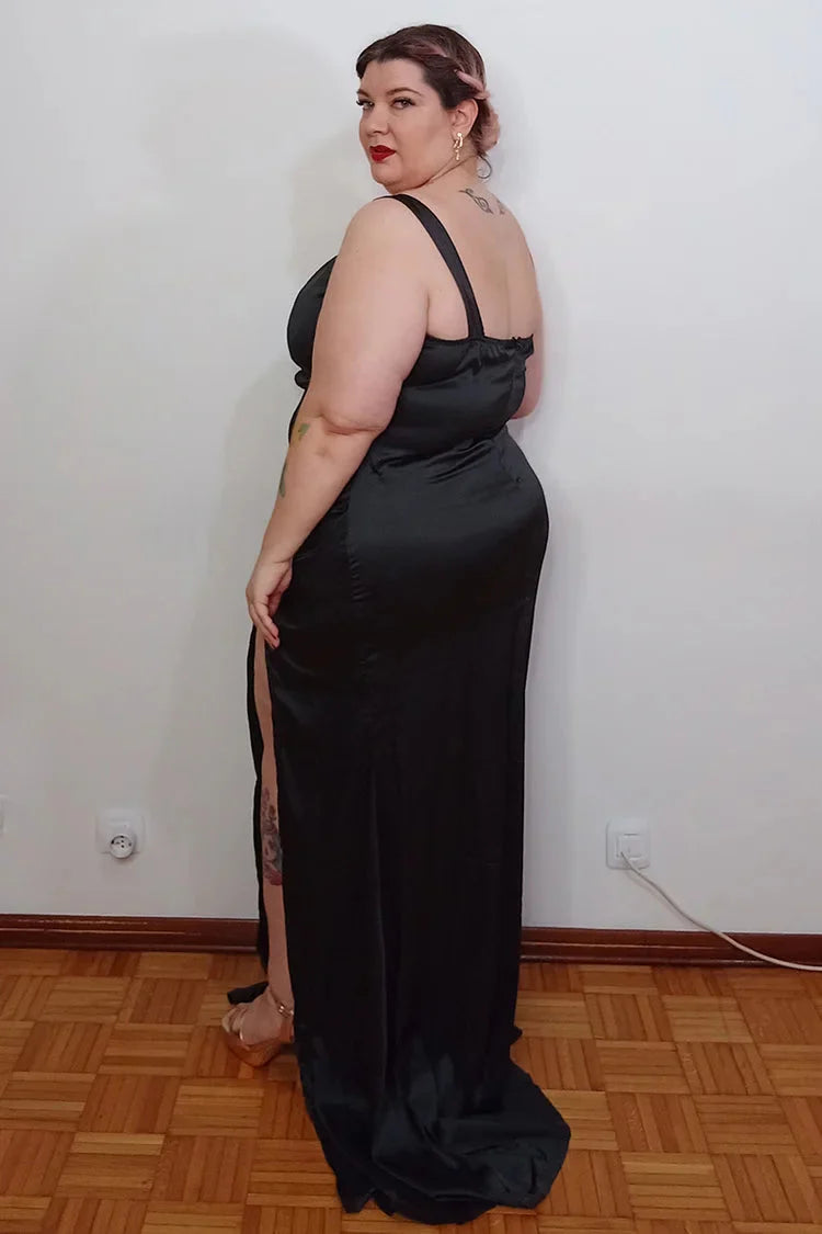 Plus Size Elegant Black Sheath Slim Fit Satin Split Ball Dress