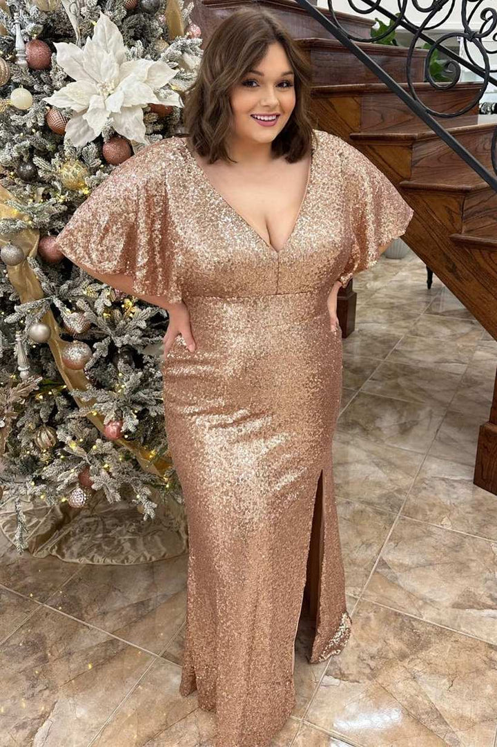 Plus Size Champagne Elegant Sequin V-neck Ruffle Edge Split Long Ball Dress