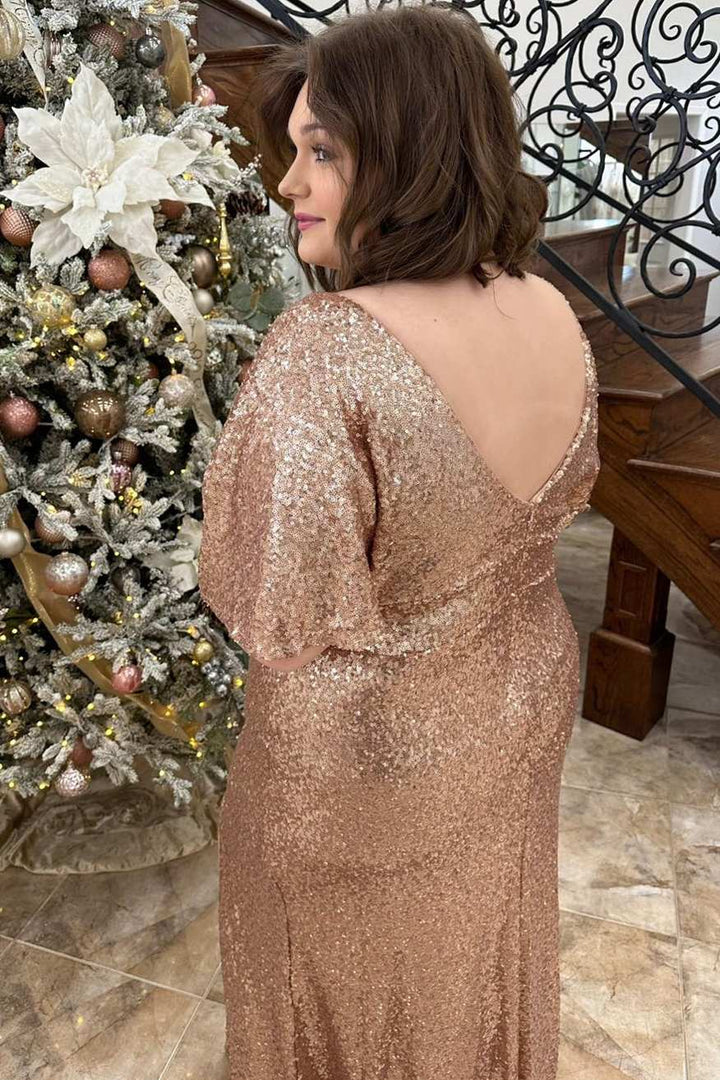 Plus Size Champagne Elegant Sequin V-neck Ruffle Edge Split Long Ball Dress