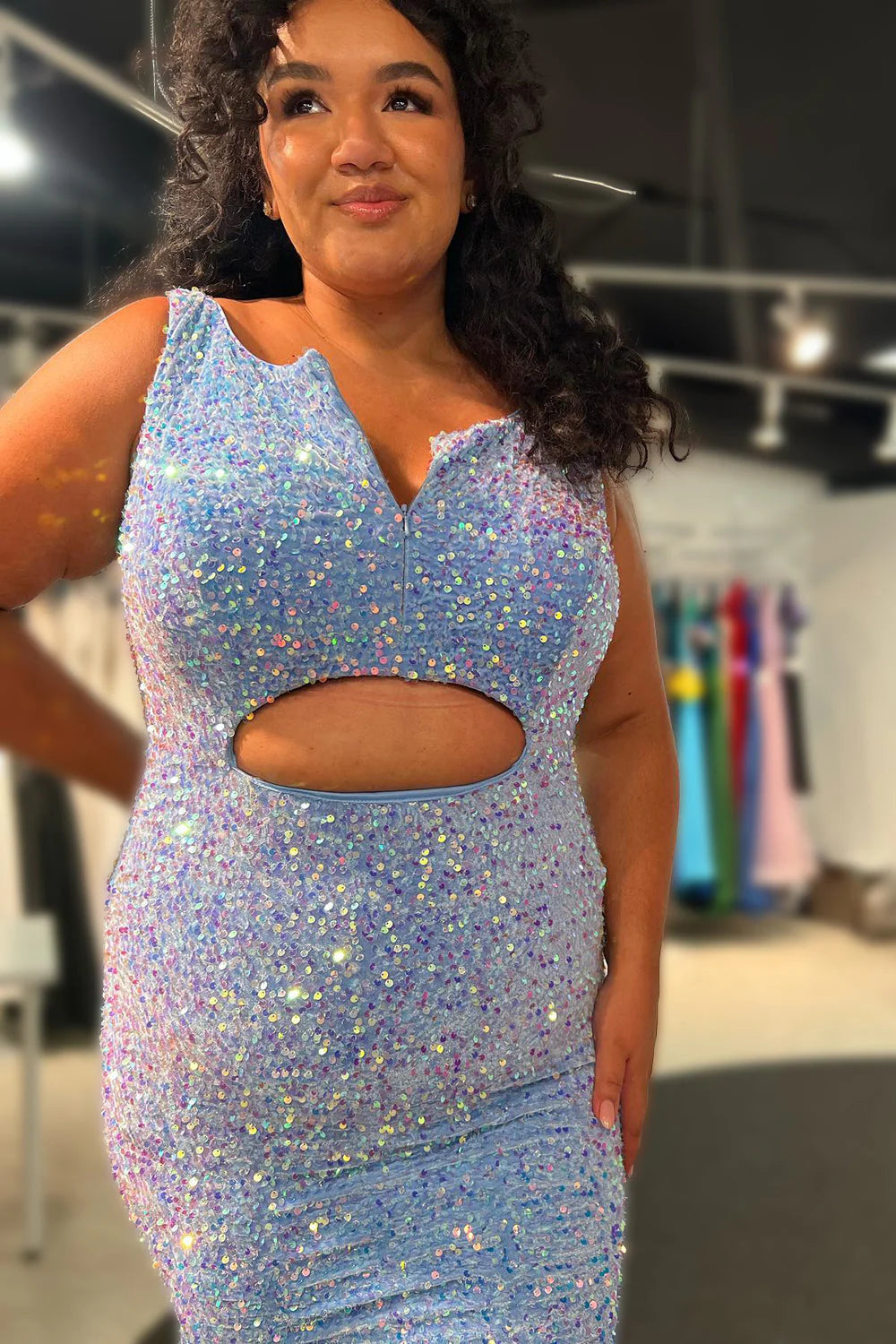Plus size mermaid V-neck light blue sequin ball dress