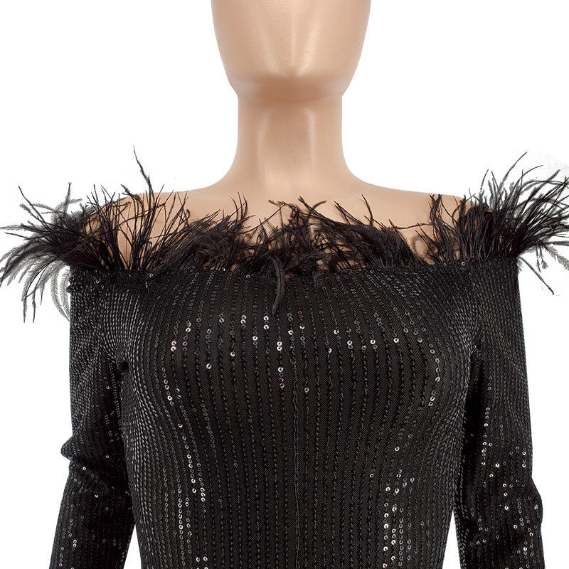 Plus size sexy off the shoulder tight sequin feather short ball dress