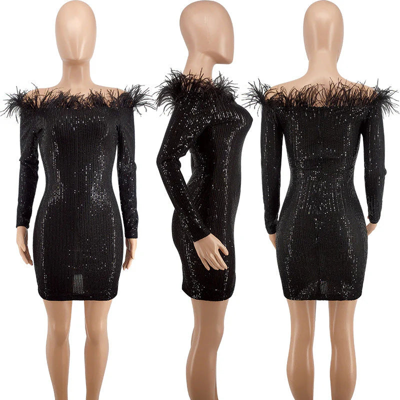 Plus size sexy off the shoulder tight sequin feather short ball dress
