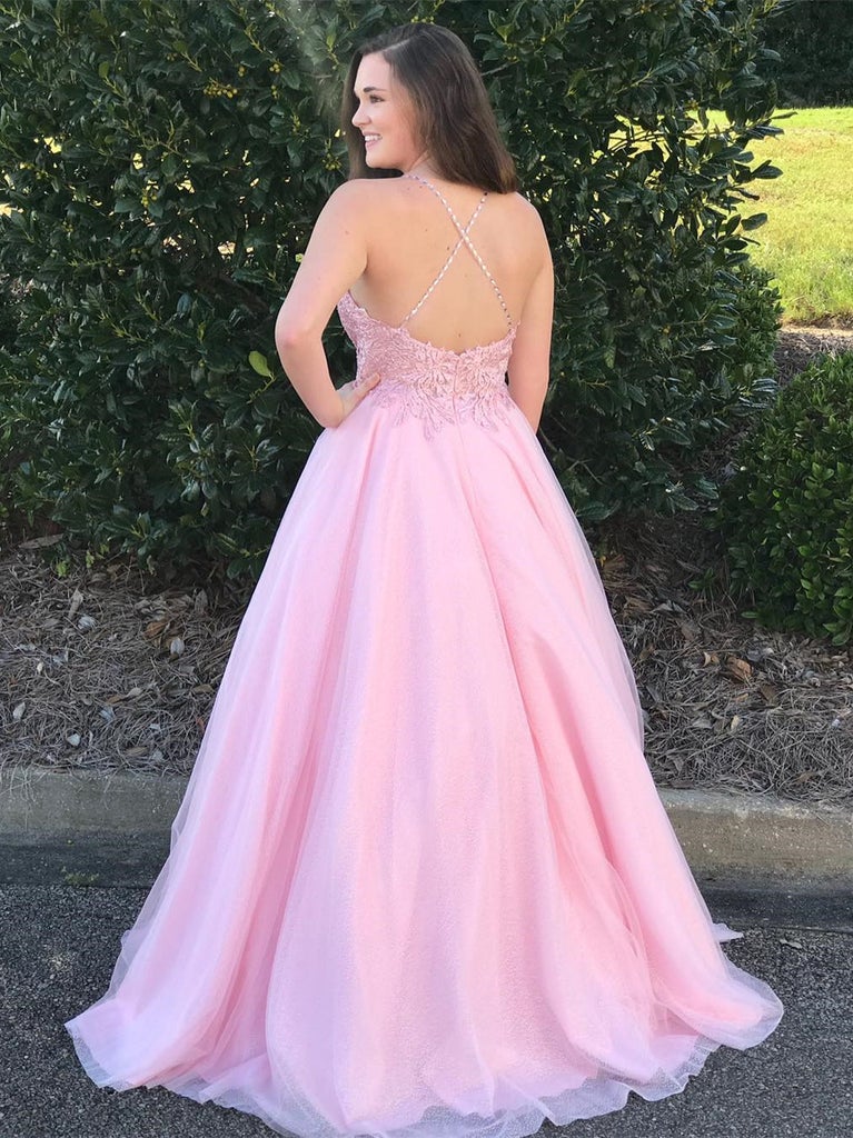 Large pink sheer spaghetti strap with V-neck princess floor length dress paired with lace ball dress