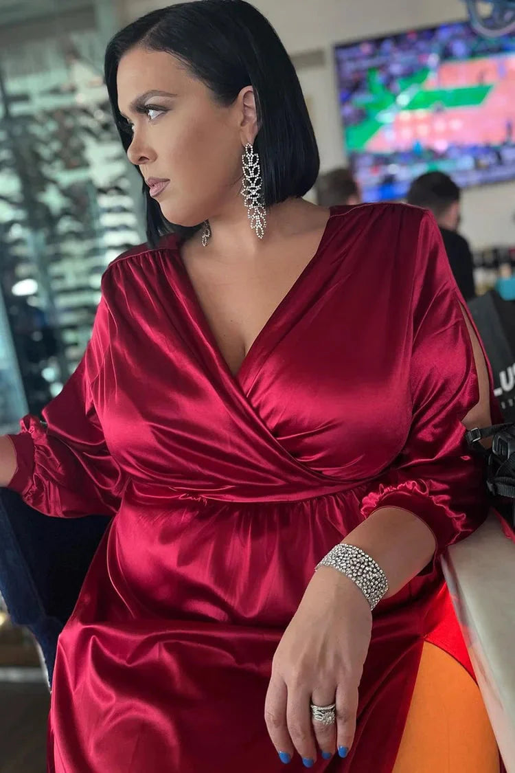 Plus size red long sleeved satin V-neck split ball dress